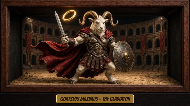 GOATSEUS MAXIMUS, The Gladiator ($GOAT): premium 3D hero figure holding the $NAZG ring