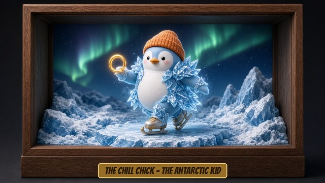 THE CHILL CHICK, The Antarctic Kid ($PENGU): premium 3D hero figure holding the $NAZG ring