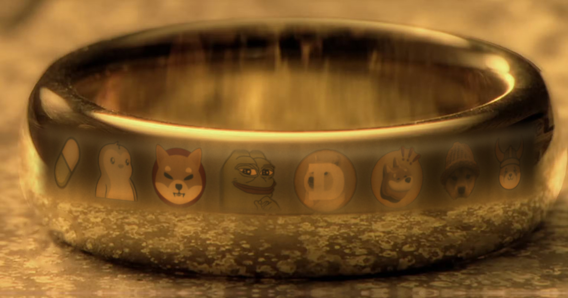 Gold ring reflecting meme coin characters